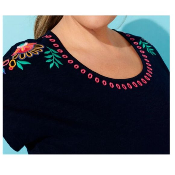 Talbots Dress 3X Blue Embroidered Short Tie Sleeve Cotton Washable - Picture 8 of 14